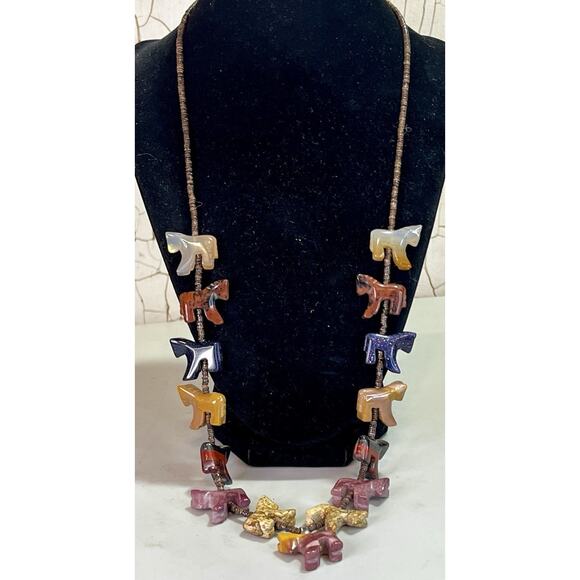 Zuni Sterling Silver Fetish Necklace Multicolor Jasper Rhodonite Carve Stone 28" - Picture 11 of 15